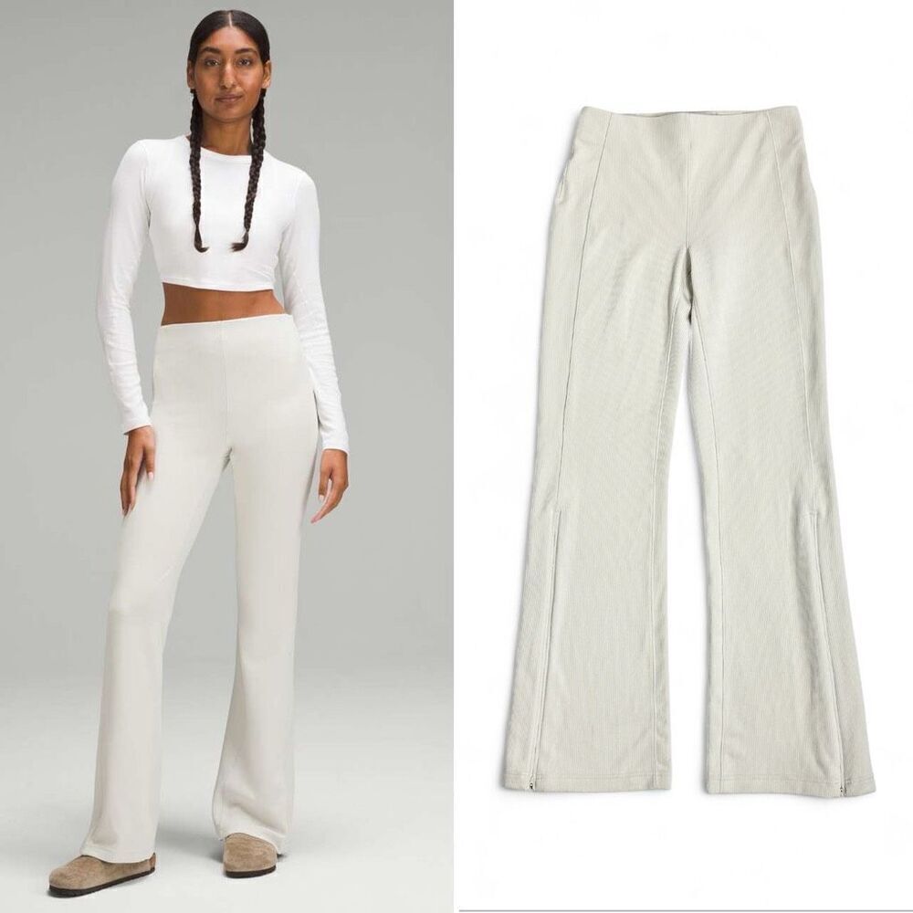 NWOT Lululemon Brushed Softstreme Rib Zip Flared Pant 32.5" Sz 8 Bone Athleisure